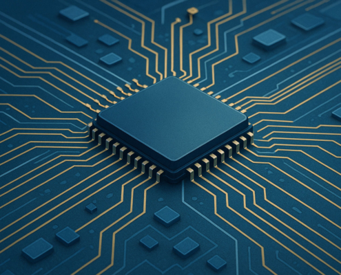 Illustrazione digitale di un circuito integrato su chip di silicio, simbolo dell’innovazione elettronica e delle tecnologie wireless di ultima generazione.
