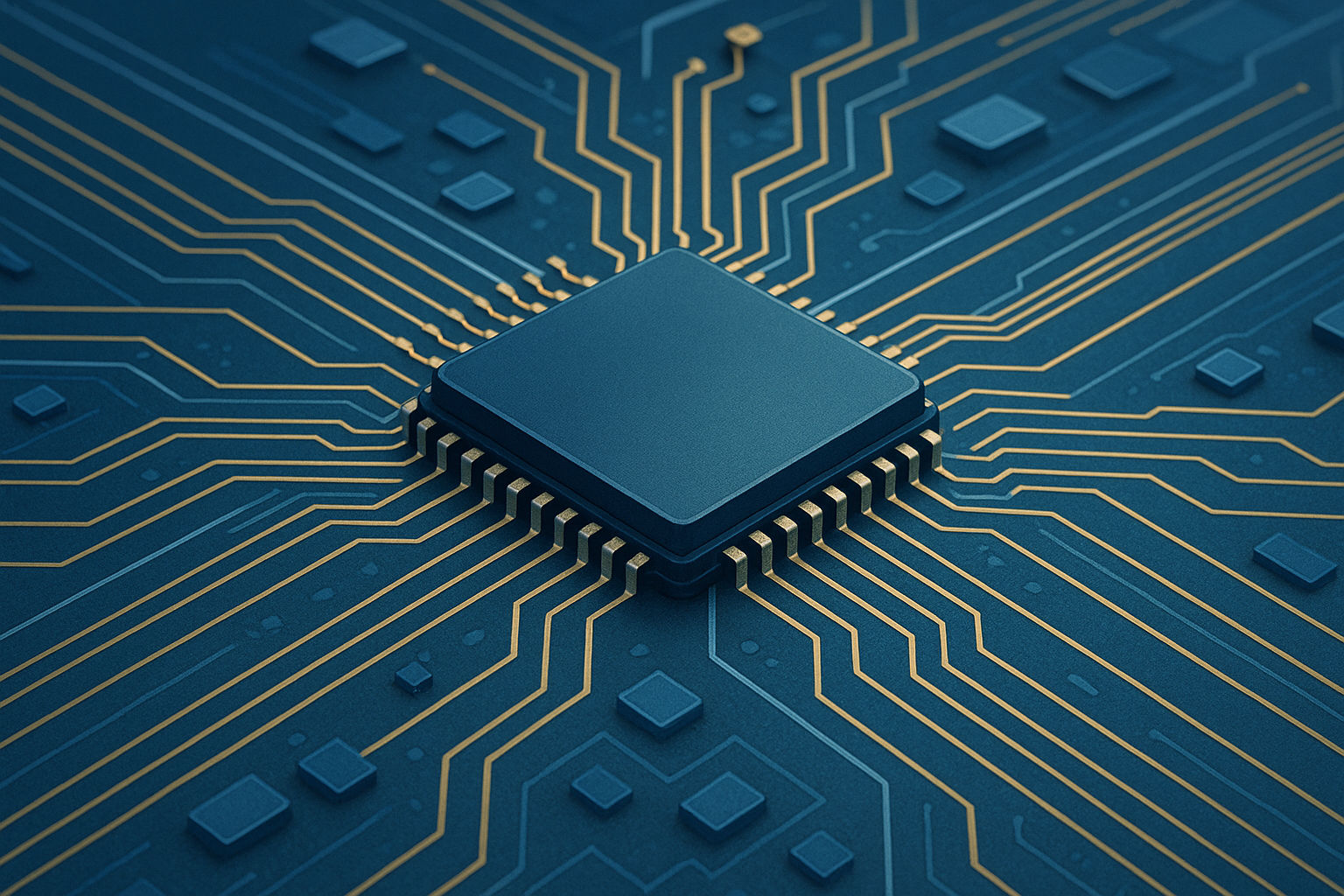 Illustrazione digitale di un circuito integrato su chip di silicio, simbolo dell’innovazione elettronica e delle tecnologie wireless di ultima generazione.