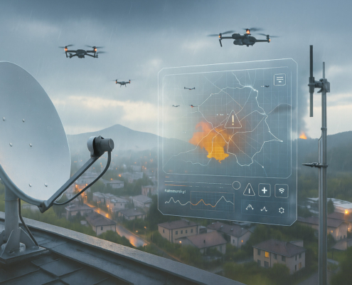 Veduta aerea notturna di una città con illuminazione stradale e pioggia intensa, a rappresentare l’ingegneria elettronica per la gestione delle emergenze.