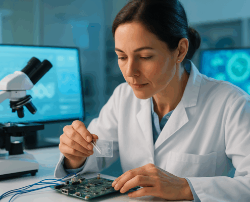 Ricercatrice lavora su microcontrollori e dispositivi biomedicali in laboratorio di ingegneria elettronica