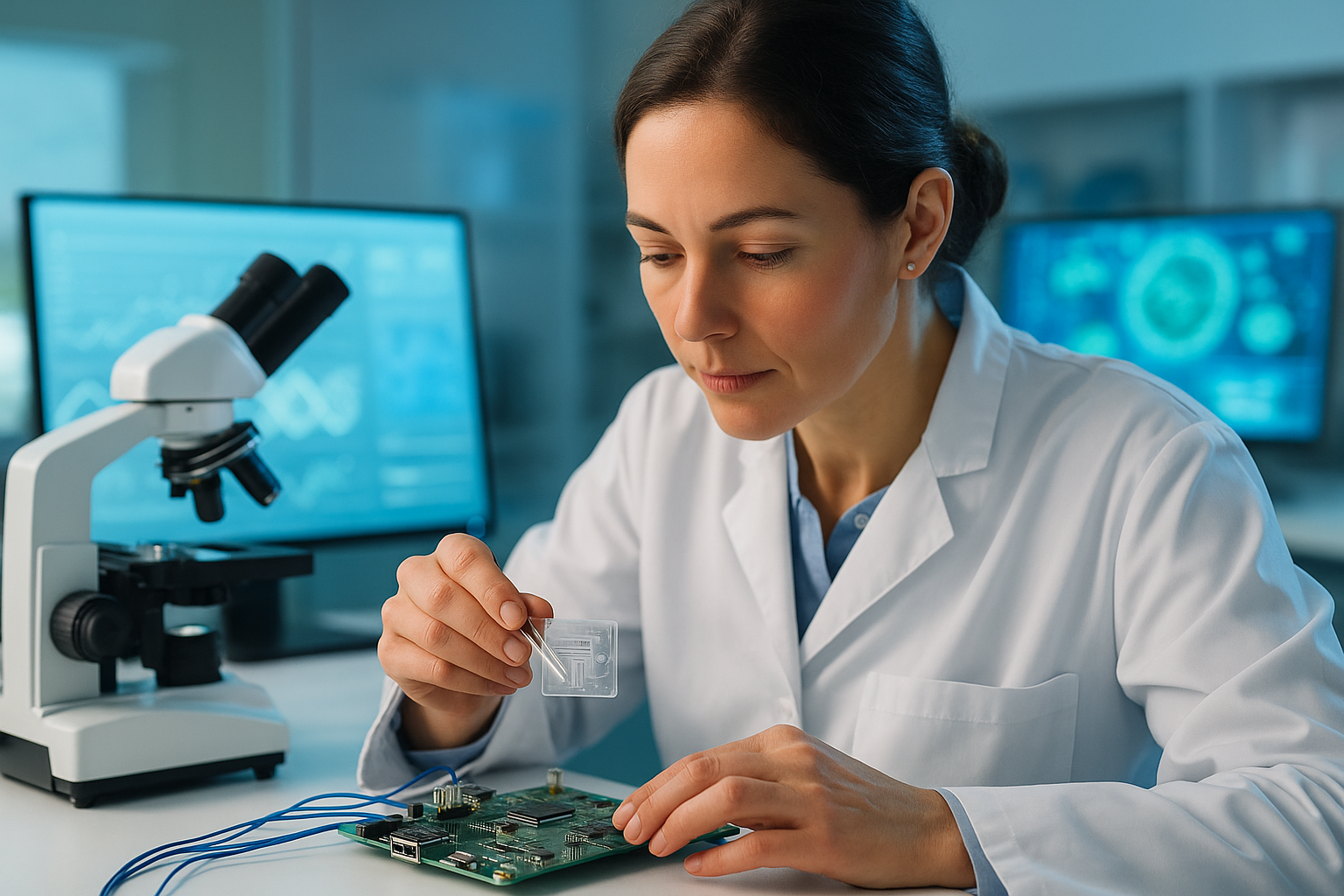 Ricercatrice lavora su microcontrollori e dispositivi biomedicali in laboratorio di ingegneria elettronica