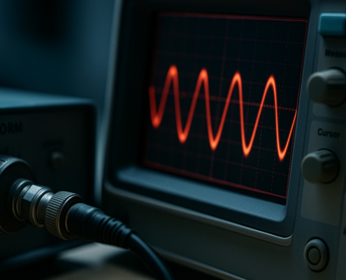 Primo piano di un circuito elettronico con componenti e segnali digitali, rappresentativo dell’ingegneria delle misure elettroniche.